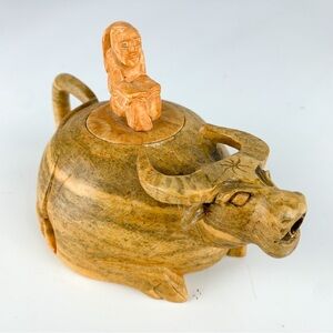 Vintage Hand Carved Stone Water Buffalo Rider Farmer Teapot Brown Tea Pot Asian